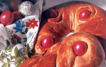 Easter brioche and red painted eggs for Good Monday – Tuesday